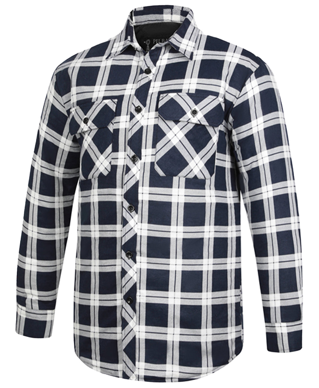 The Ritemate Mens Pilbara Open Front L/S Flannelette Quilted Shirt (RM123SQS) features a navy/white plaid design, soft cotton flannelette fabric, long sleeves, and two front flap chest pockets.