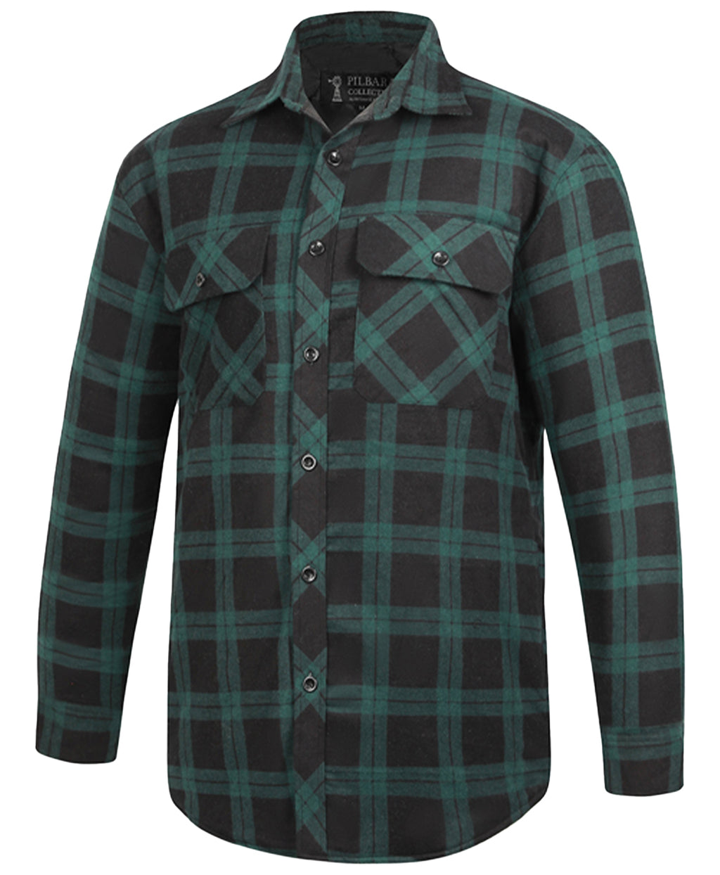 The Ritemate Mens Pilbara Open Front L/S Flannelette Shirt (RM123SOF) in green/black is a cotton flannelette shirt with a black and green check design, two button-flap chest pockets, and a collar.