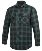 The Ritemate Mens Pilbara Open Front L/S Flannelette Shirt (RM123SOF) in green/black is a cotton flannelette shirt with a black and green check design, two button-flap chest pockets, and a collar.