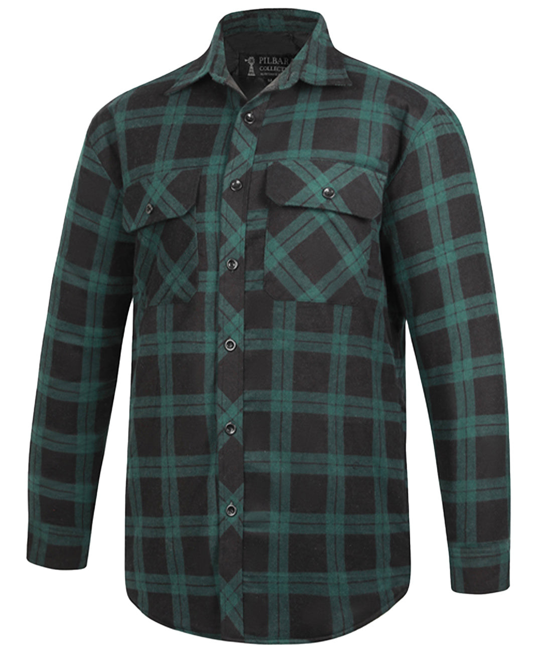 The Ritemate Mens Pilbara Open Front L/S Flannelette Shirt (RM123SOF) in green/black is a cotton flannelette shirt with a black and green check design, two button-flap chest pockets, and a collar.