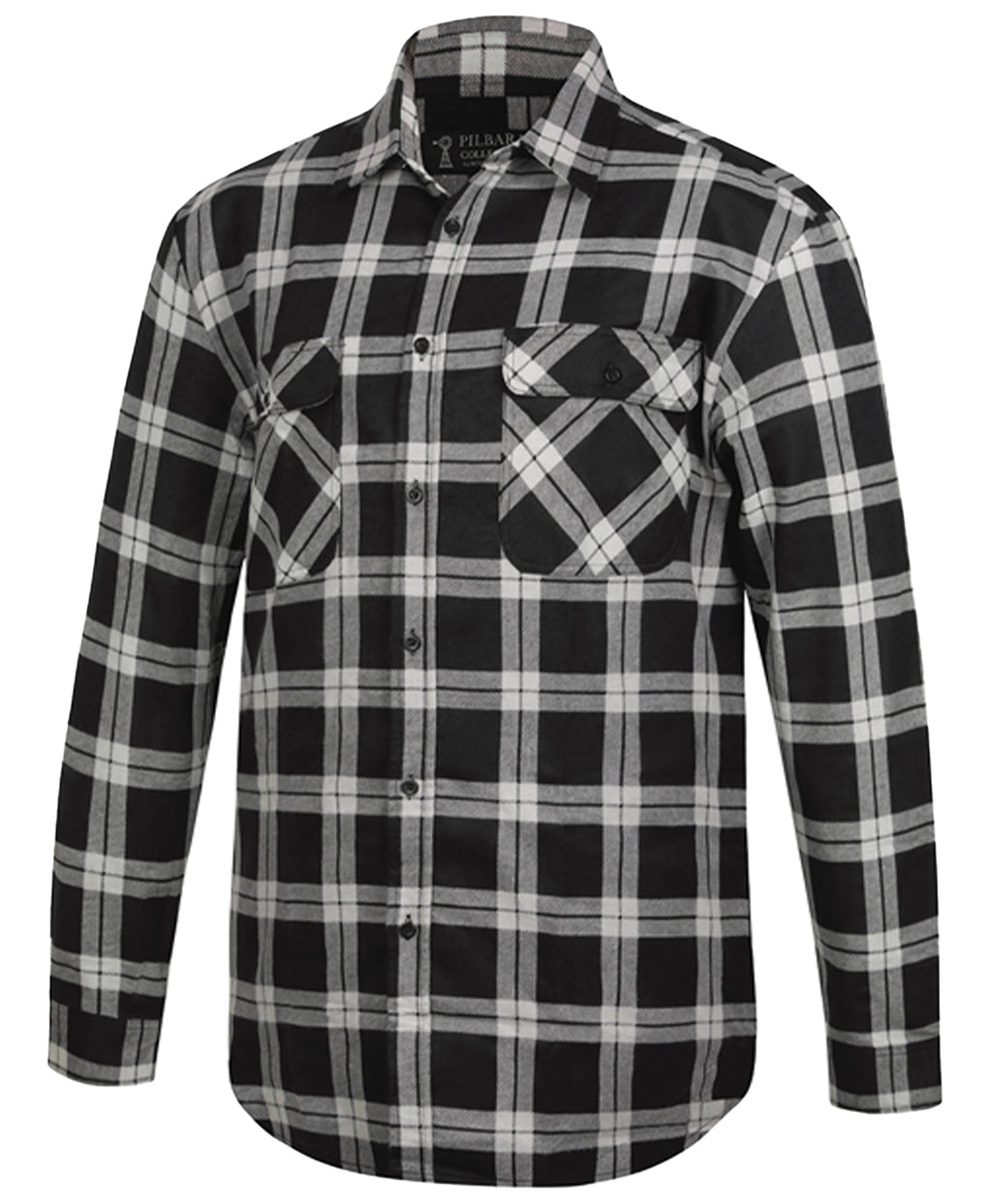 The Ritemate Mens Pilbara Open Front L/S Flannelette Shirt (RM123SOF) in Grey/Black is a premium cotton shirt featuring a plaid design, long sleeves, and two front chest pockets—one with a buttoned flap.