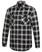 The Ritemate Mens Pilbara Open Front L/S Flannelette Shirt (RM123SOF) in Grey/Black is a premium cotton shirt featuring a plaid design, long sleeves, and two front chest pockets—one with a buttoned flap.