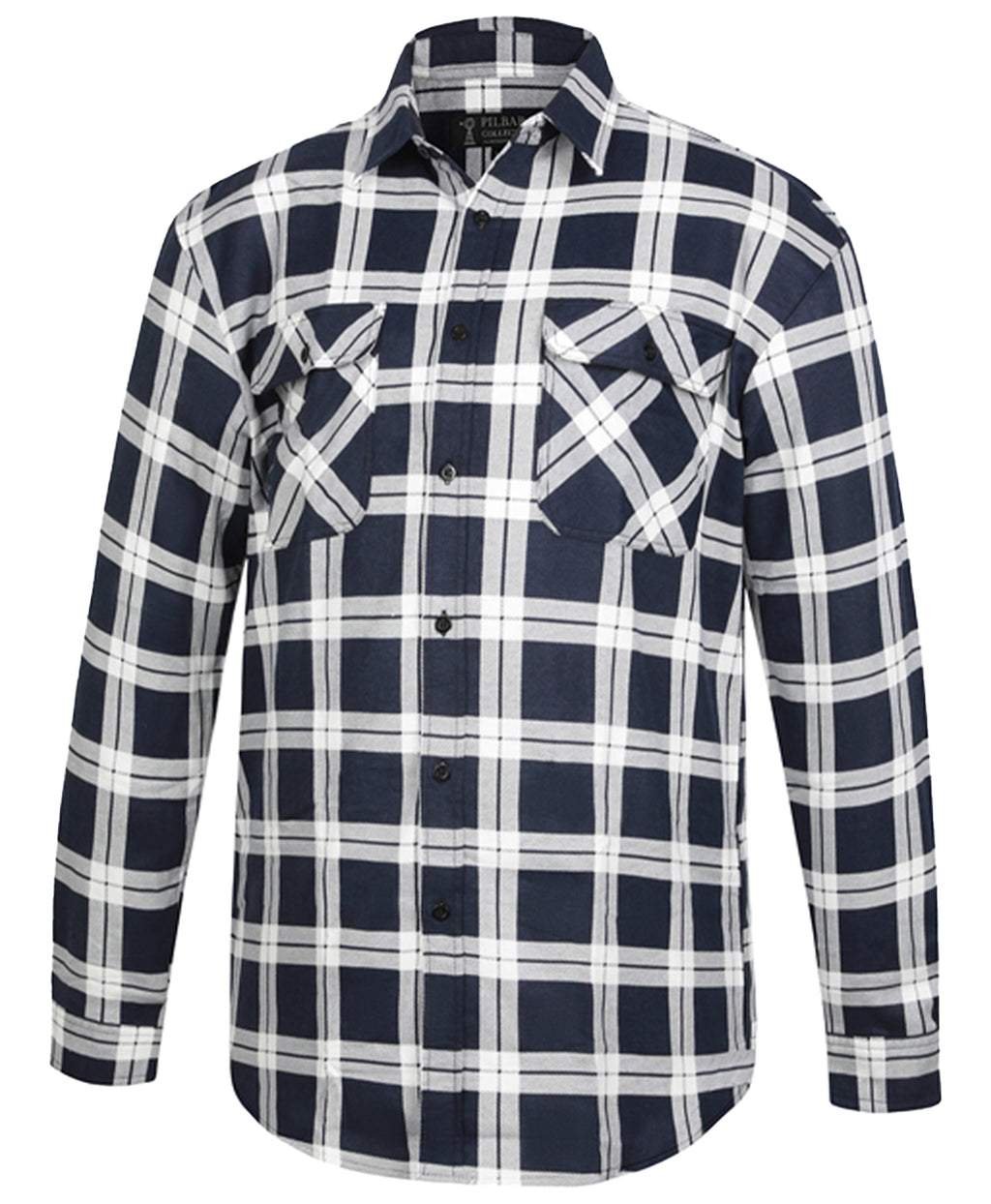 The Ritemate Mens Pilbara Open Front L/S Flannelette Shirt (RM123SOF) in navy/white features a check pattern, two chest pockets, a collar, and soft cotton flannelette, shown on a white background.
