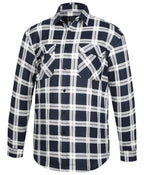 The Ritemate Mens Pilbara Open Front L/S Flannelette Shirt (RM123SOF) in navy/white features a check pattern, two chest pockets, a collar, and soft cotton flannelette, shown on a white background.