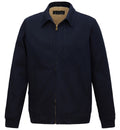 The Ritemate Mens Pilbara Sherpa Bomber Jacket (RMPC123) in navy features a front zipper, two large front pockets, a fold-over collar, and tan sherpa lining. Made from cotton stretch twill with a classic fit, this Ritemate jacket is casual and warm.