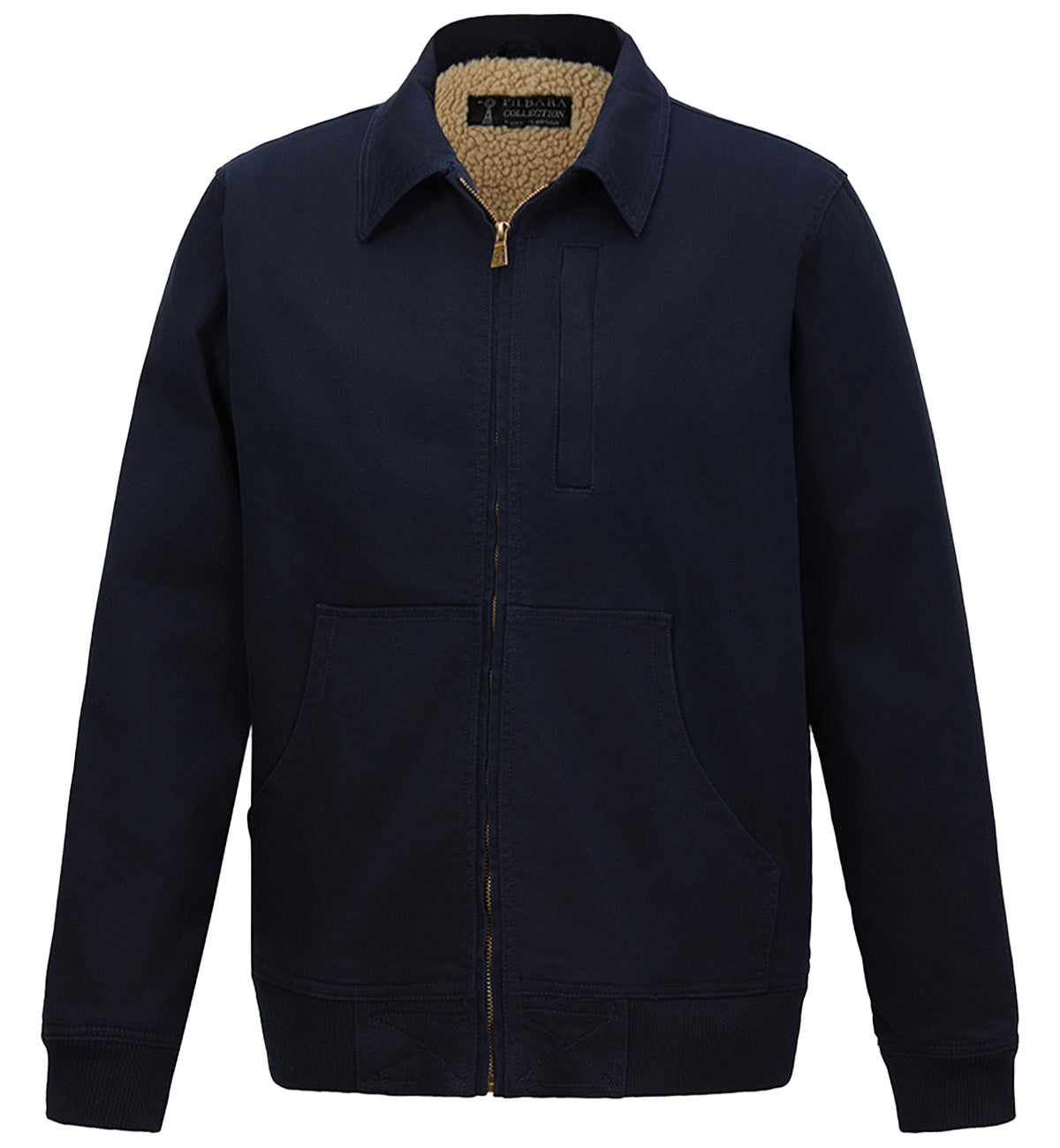 The Ritemate Mens Pilbara Sherpa Bomber Jacket (RMPC123) in navy features a front zipper, two large front pockets, a fold-over collar, and tan sherpa lining. Made from cotton stretch twill with a classic fit, this Ritemate jacket is casual and warm.