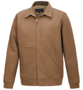 The Ritemate Mens Pilbara Sherpa Bomber Jacket (RMPC123) in Whiskey features a collar, front chest pocket, and two large hand pockets, crafted from cotton stretch twill for comfort and durability. Displayed on a white background.