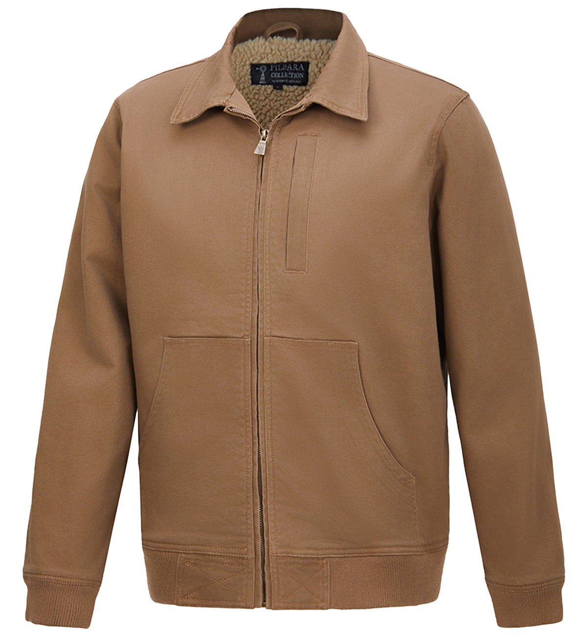 The Ritemate Mens Pilbara Sherpa Bomber Jacket (RMPC123) in Whiskey features a collar, front chest pocket, and two large hand pockets, crafted from cotton stretch twill for comfort and durability. Displayed on a white background.