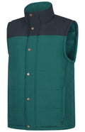 The Ritemate Mens Pilbara Two Tone Vest (RMPC167) in Alpine/Navy is a sleeveless, polyfill-padded vest with a high collar, gold snap buttons, and a contrasting navy yoke for extra warmth and style.