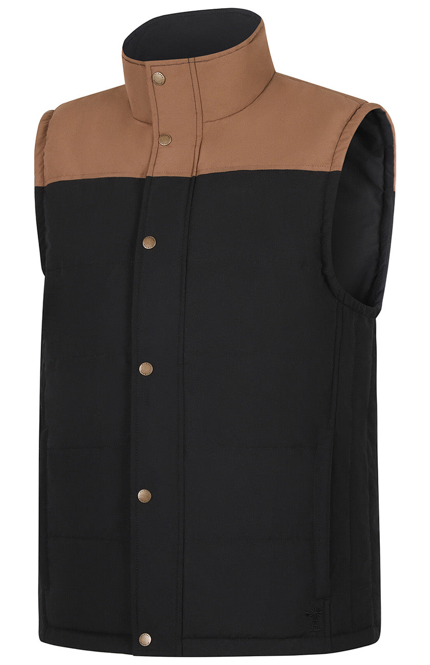 The Ritemate Mens Pilbara Two Tone Vest (RMPC167) in Black/Whiskey features a sleeveless classic fit, high collar, brown yoke and collar, black body, snap button front, and polyfill padding for warmth.