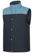 The Ritemate Mens Pilbara Two Tone Vest (RMPC167) features a navy body with a bluestone yoke, polyfill padding for warmth, high collar, snap button closure, and two side pockets.