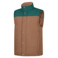 The Ritemate Mens Pilbara Two Tone Vest (RMPC167) features a sleeveless, quilted design in whiskey and alpine colors, with a high collar, snap button closure, polyfill padding for warmth, side pockets, and a classic fit for casual outdoor style.