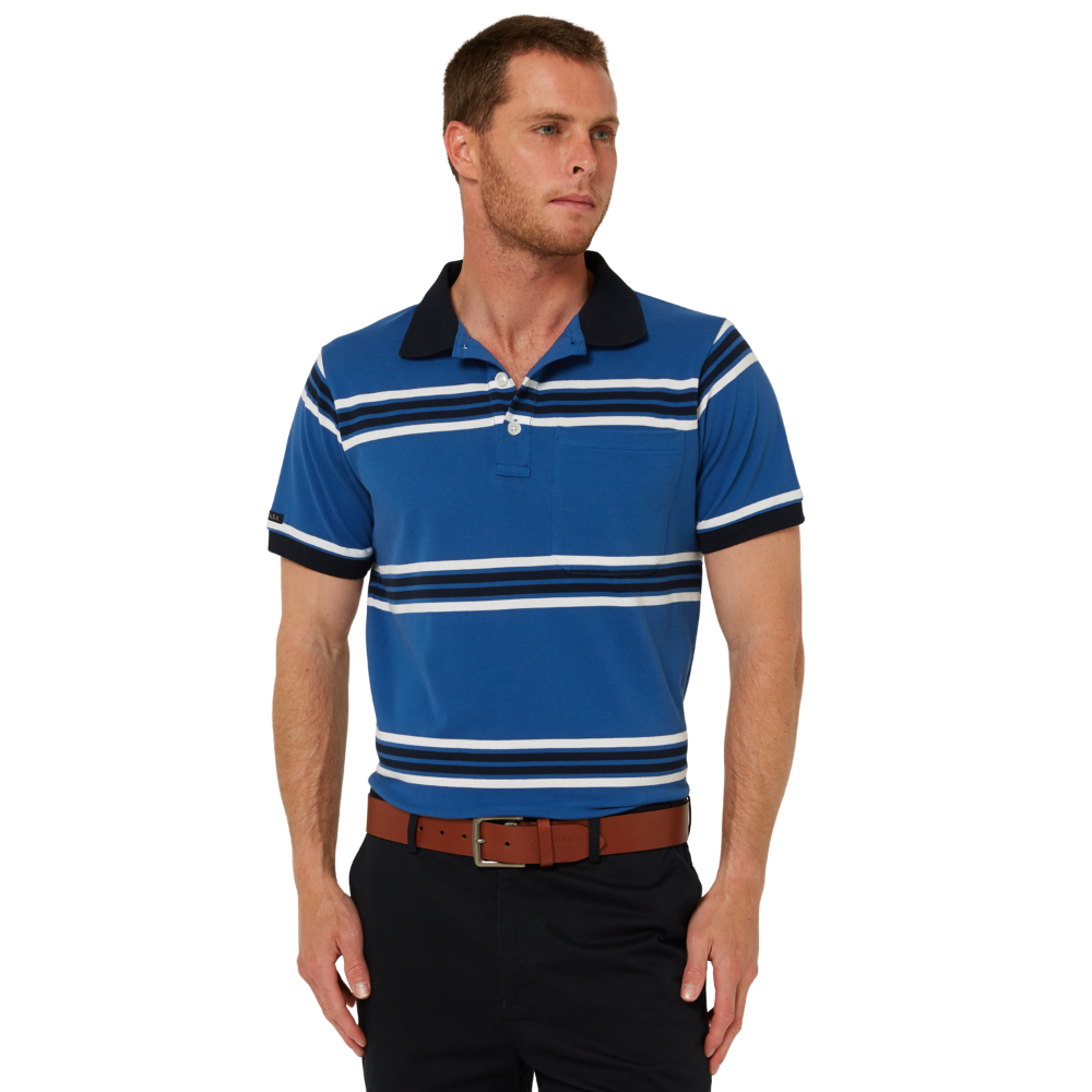 Ritemate Mens Pilbara Y/D Striped S/S Pocket Polo (RMPC182) Deep Blue/White/Navy