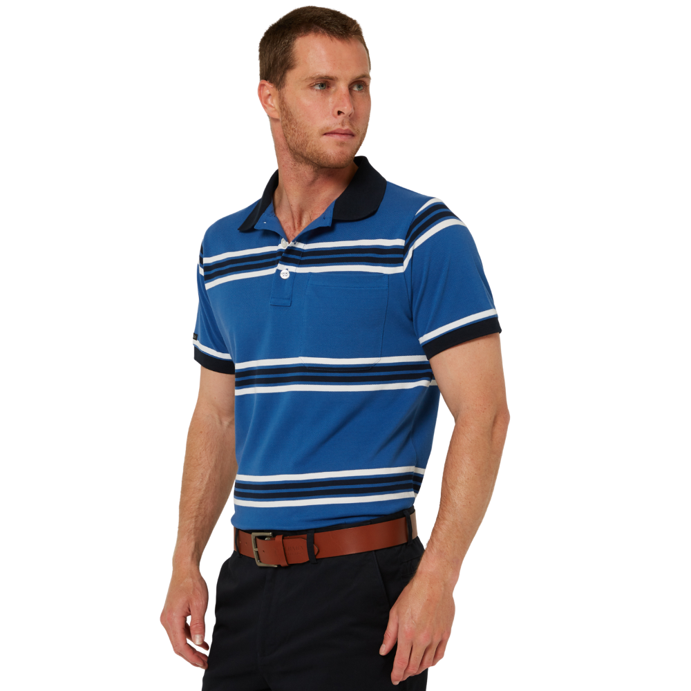 Ritemate Mens Pilbara Y/D Striped S/S Pocket Polo (RMPC182) Deep Blue/White/Navy