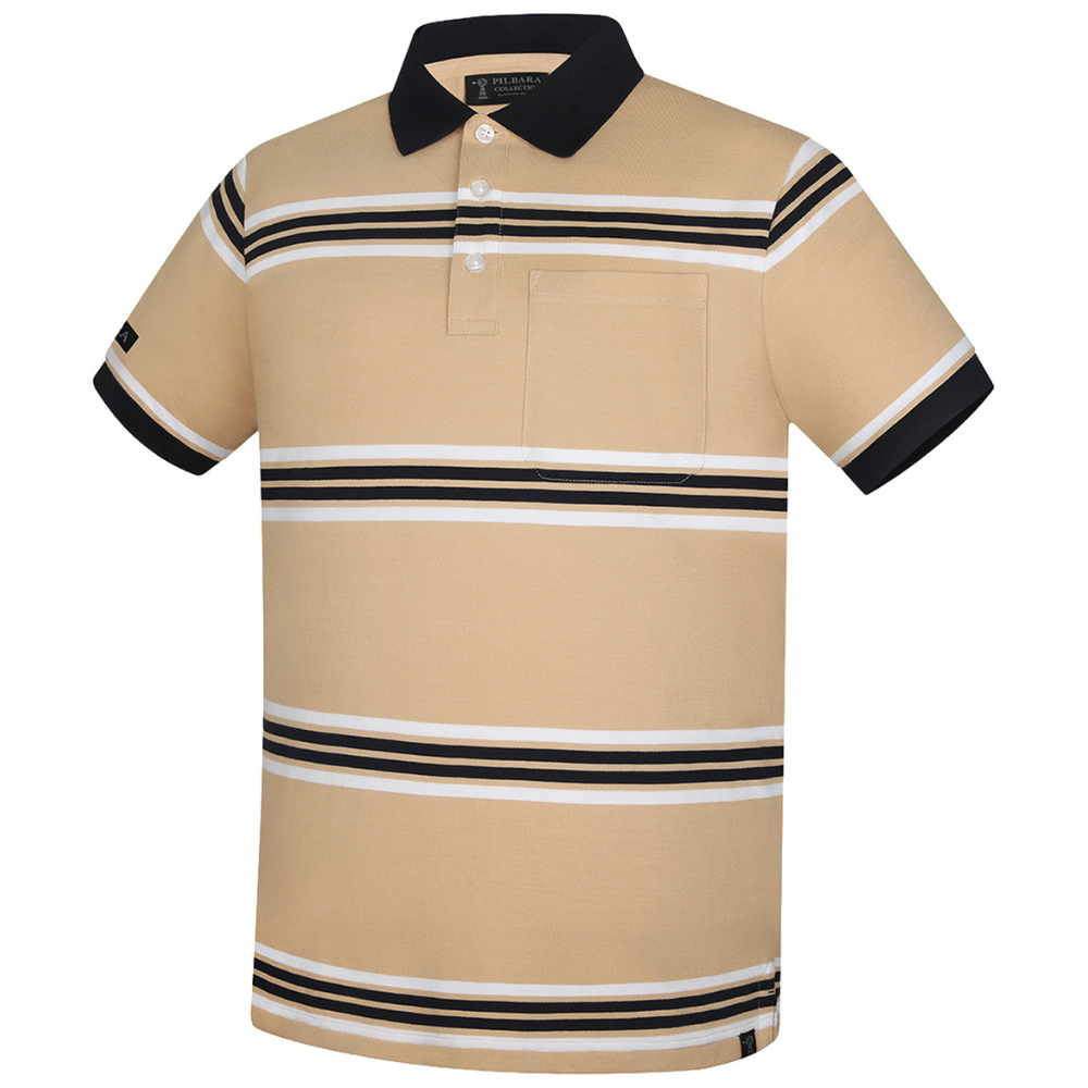 Ritemate Mens Pilbara Y/D Striped S/S Pocket Polo (RMPC182) Desert/White/Navy