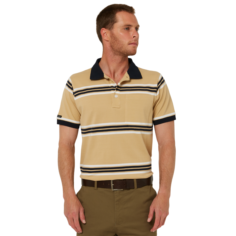 Ritemate Mens Pilbara Y/D Striped S/S Pocket Polo (RMPC182) Desert/White/Navy