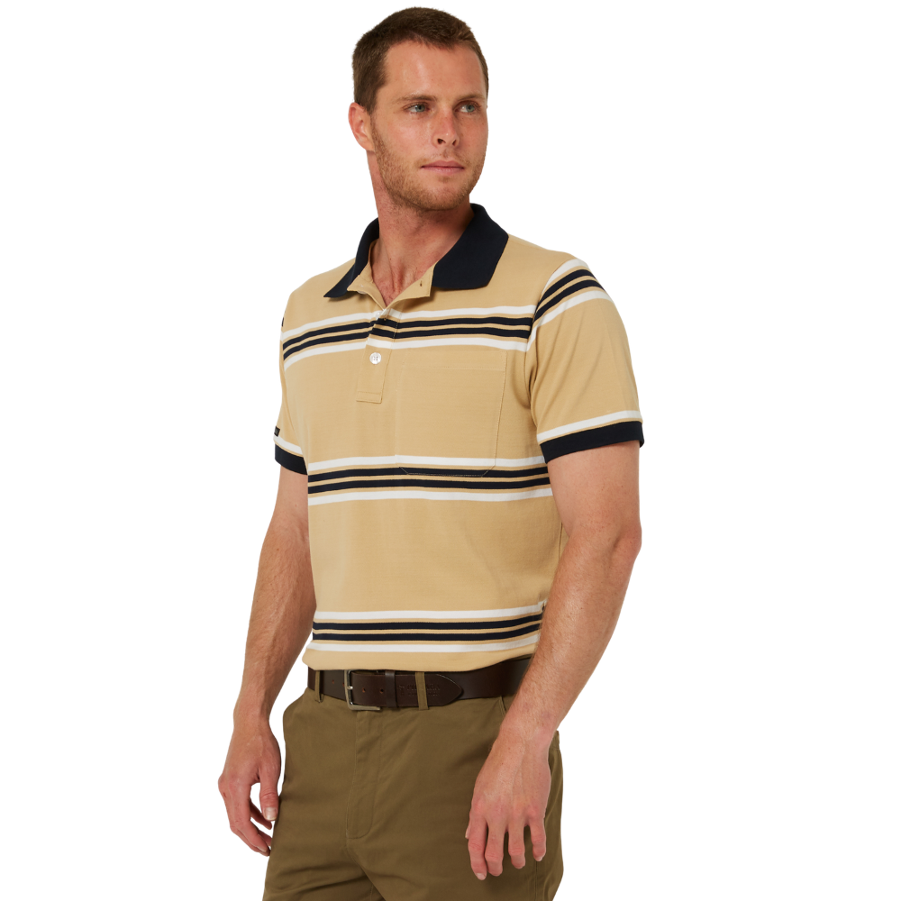 Ritemate Mens Pilbara Y/D Striped S/S Pocket Polo (RMPC182) Desert/White/Navy