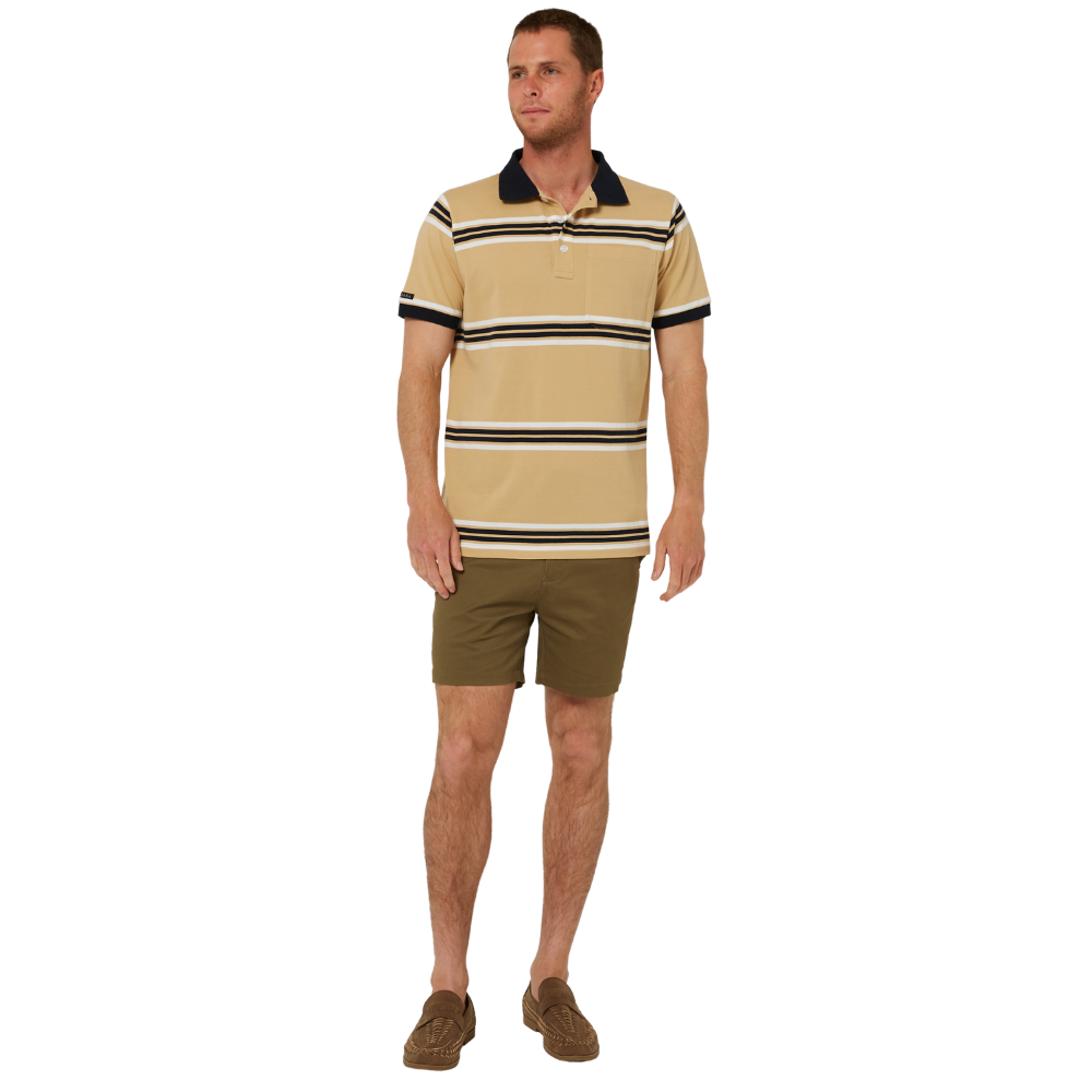 Ritemate Mens Pilbara Y/D Striped S/S Pocket Polo (RMPC182) Desert/White/Navy
