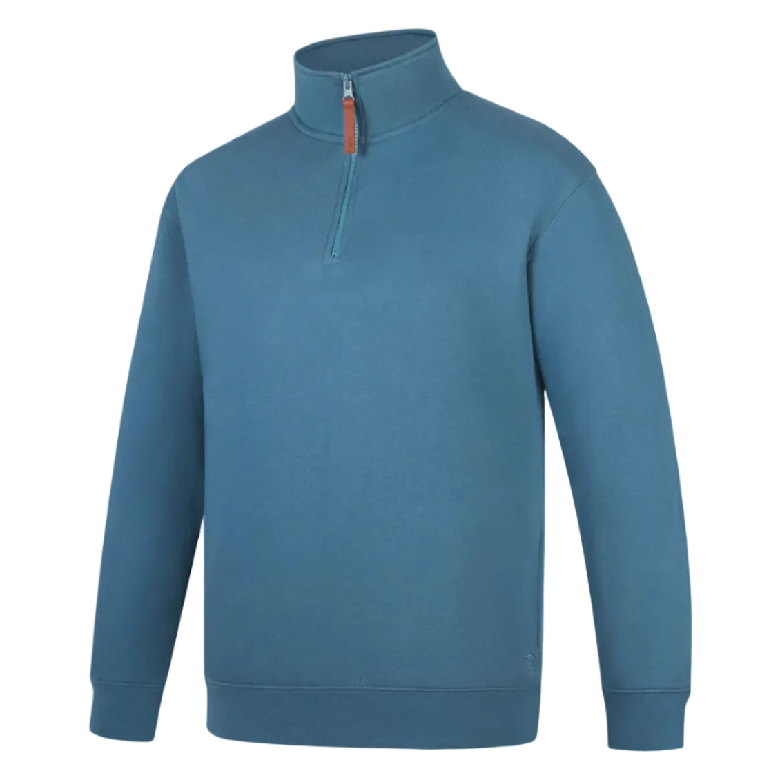 The Ritemate Mens Pilbara Zipped Closed Front Fleece Pullover (RMPC045) in Bluestone is a premium cotton fleece, relaxed fit sweatshirt with a high collar, quarter-zip closure, brown YKK zipper pull, and no visible logos or patterns.