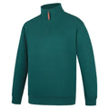 The Ritemate Mens Pilbara Zipped Closed Front Fleece Pullover (RMPC045) in Forest features a high collar, partial front YKK zipper with a red pull, ribbed cuffs, and relaxed fit for comfort. Crafted from premium cotton fleece by Ritemate.