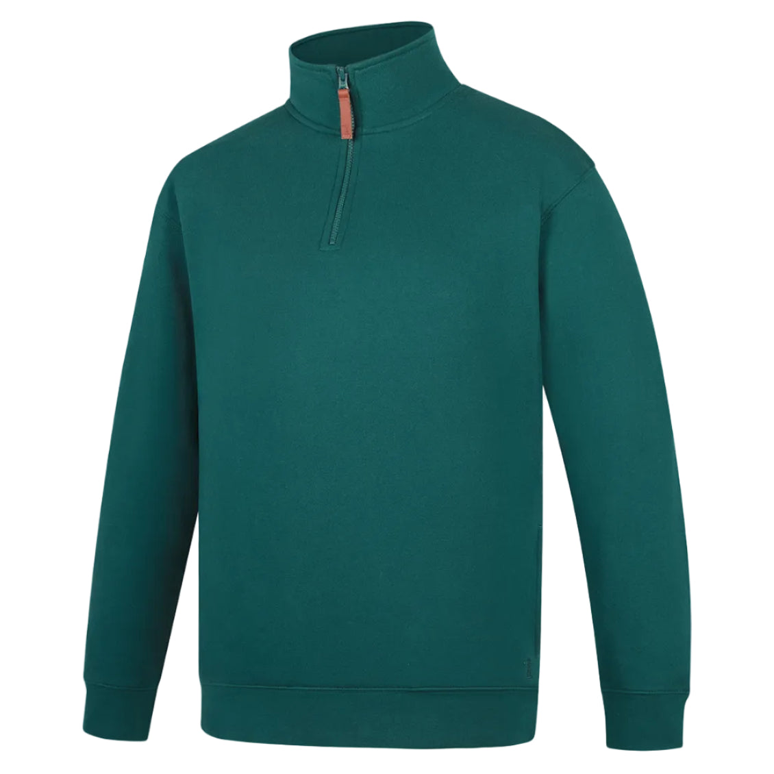The Ritemate Mens Pilbara Zipped Closed Front Fleece Pullover (RMPC045) in Forest features a high collar, partial front YKK zipper with a red pull, ribbed cuffs, and relaxed fit for comfort. Crafted from premium cotton fleece by Ritemate.