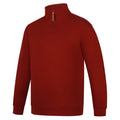 The Ritemate Mens Pilbara Zipped Closed Front Fleece Pullover (RMPC045) in Merlot is a classic-fit, long-sleeve sweatshirt with a high neck, premium cotton fleece fabric, ribbed cuffs and hem, and a short YKK zipper.