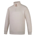 The Ritemate Mens Pilbara Zipped Closed Front Fleece Pullover (RMPC045) in Pumice Stone features a classic fit, premium cotton fleece, high collar, YKK quarter-zip with brown pull, ribbed cuffs and hem, and a minimal design.