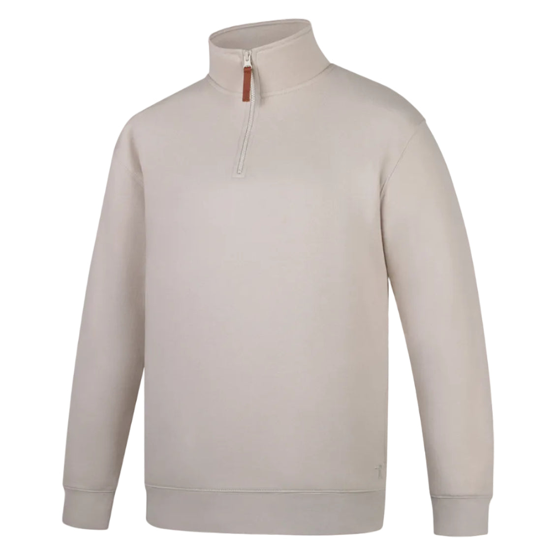 The Ritemate Mens Pilbara Zipped Closed Front Fleece Pullover (RMPC045) in Pumice Stone features a classic fit, premium cotton fleece, high collar, YKK quarter-zip with brown pull, ribbed cuffs and hem, and a minimal design.