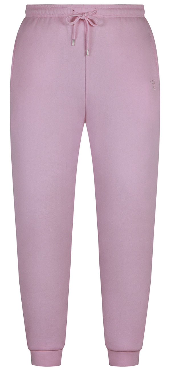 Ritemate Unisex Pilbara Modern Fit Fleece Trackpants (RMPC070) in Pirouette feature a light pink shade, elastic waistband, drawstring, cuffed ankles, small windmill embroidery, and comfy cotton-polyester fleece.