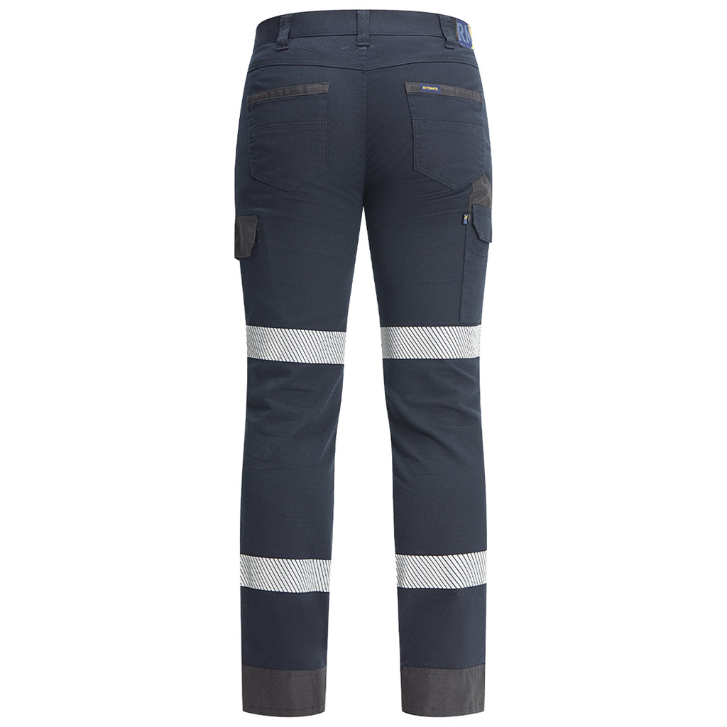 Back view of a pair of dark navy Ritemate Unisex RMX Flexible Fit Tactical Pants (RMX011R) with high-visibility reflective stripes on the thighs and lower legs, shown against a plain white background.