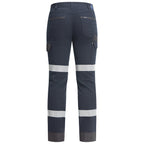 Back view of a pair of dark navy Ritemate Unisex RMX Flexible Fit Tactical Pants (RMX011R) with high-visibility reflective stripes on the thighs and lower legs, shown against a plain white background.