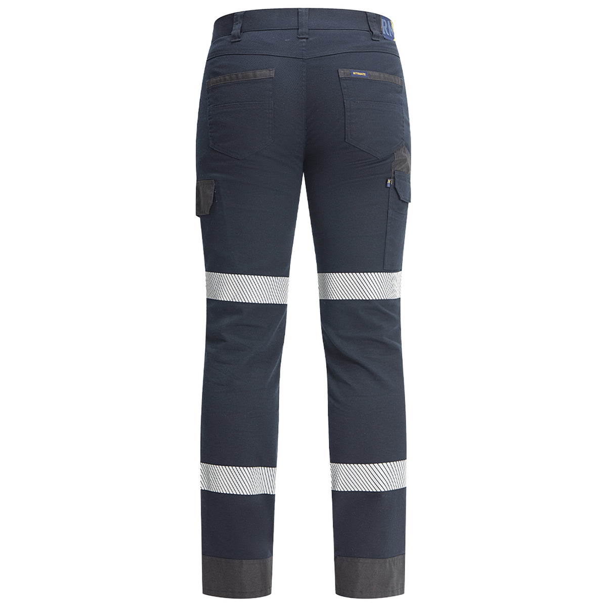 Back view of a pair of dark navy Ritemate Unisex RMX Flexible Fit Tactical Pants (RMX011R) with high-visibility reflective stripes on the thighs and lower legs, shown against a plain white background.