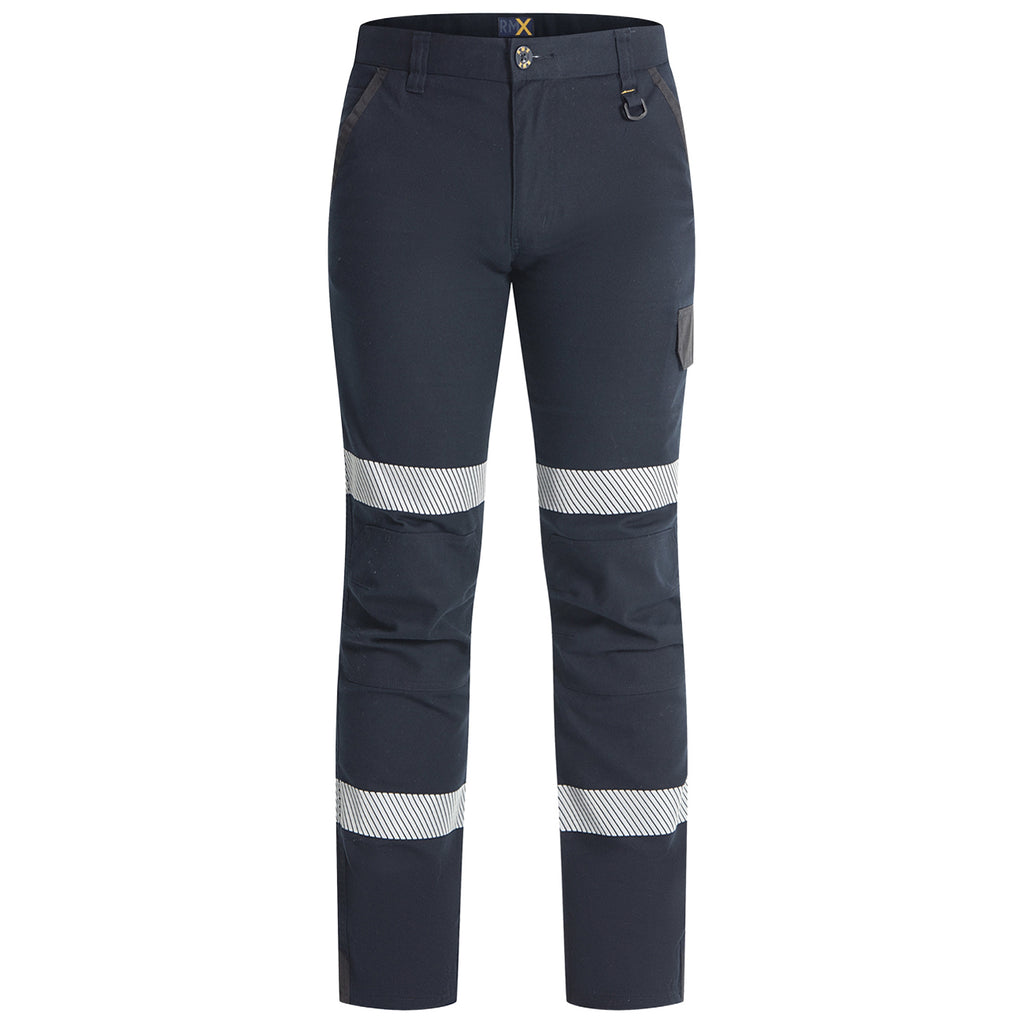 Front view of a pair of dark navy Ritemate Unisex RMX Flexible Fit Tactical Pants (RMX011R) with high-visibility reflective stripes on the thighs and lower legs, shown against a plain white background.