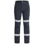 Front view of a pair of dark navy Ritemate Unisex RMX Flexible Fit Tactical Pants (RMX011R) with high-visibility reflective stripes on the thighs and lower legs, shown against a plain white background.