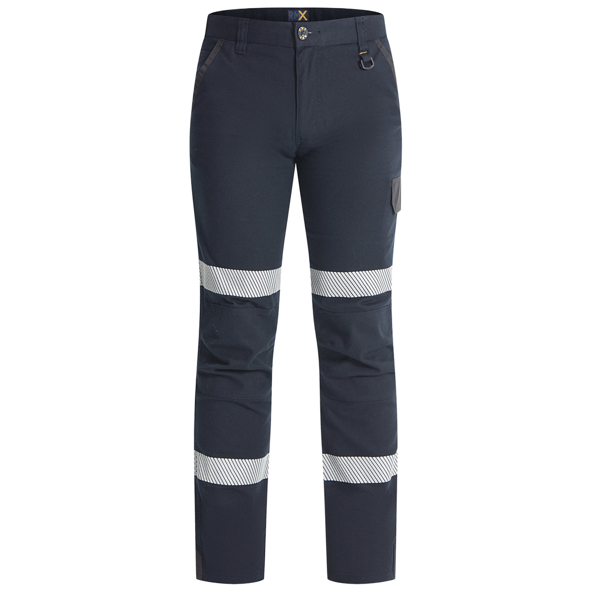 Front view of a pair of dark navy Ritemate Unisex RMX Flexible Fit Tactical Pants (RMX011R) with high-visibility reflective stripes on the thighs and lower legs, shown against a plain white background.