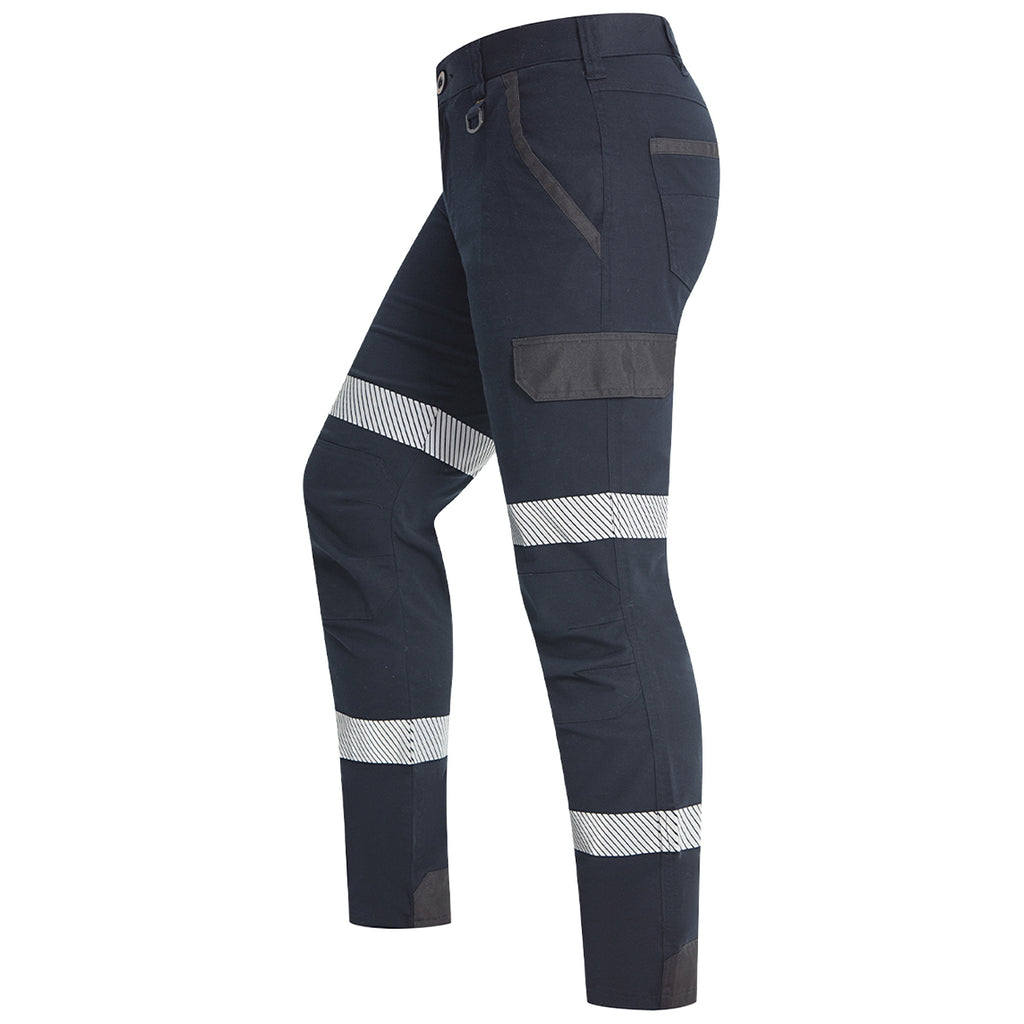 Side view of a pair of dark navy Ritemate Unisex RMX Flexible Fit Tactical Pants (RMX011R) with high-visibility reflective stripes on the thighs and lower legs, shown against a plain white background.