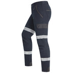 Side view of a pair of dark navy Ritemate Unisex RMX Flexible Fit Tactical Pants (RMX011R) with high-visibility reflective stripes on the thighs and lower legs, shown against a plain white background.