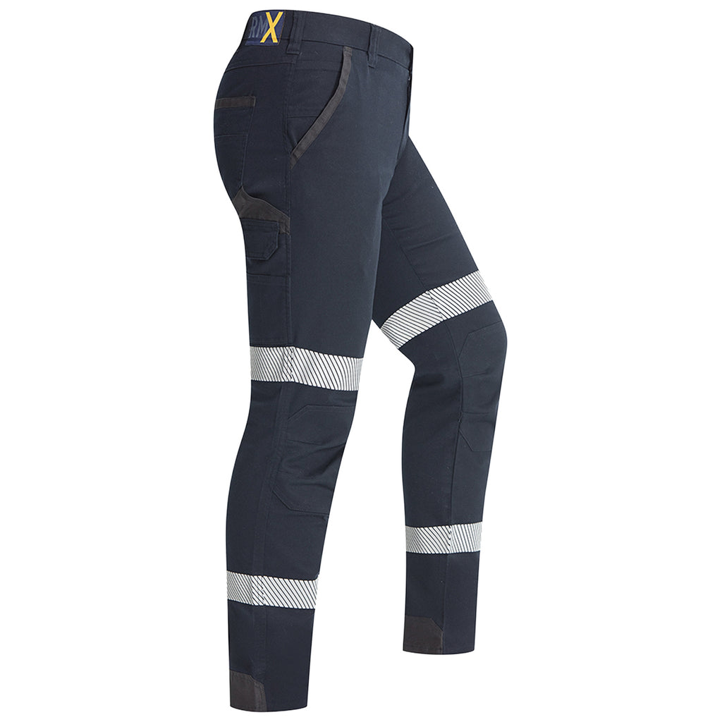 Side view of a pair of dark navy Ritemate Unisex RMX Flexible Fit Tactical Pants (RMX011R) with high-visibility reflective stripes on the thighs and lower legs, shown against a plain white background.