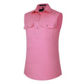 A blush pink Ritemate Women's Pilbara Closed Front Sleeveless Work Shirt (RM900CF), featuring two button down chest pockets and a pointed collar, shown on a plain white background.