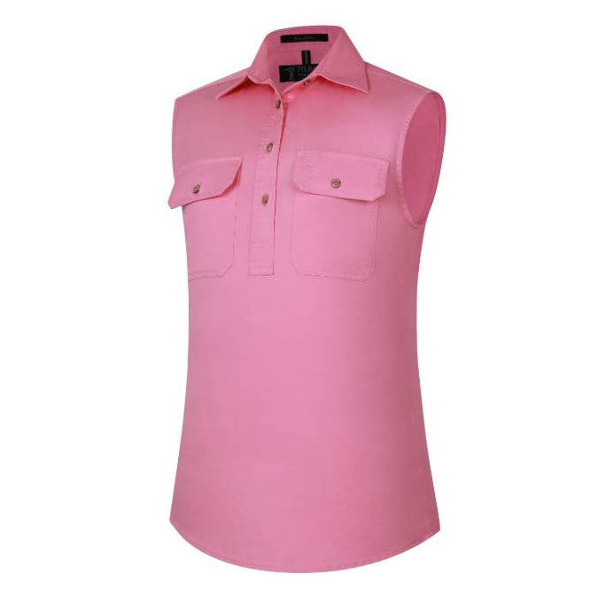 A blush pink Ritemate Women's Pilbara Closed Front Sleeveless Work Shirt (RM900CF), featuring two button down chest pockets and a pointed collar, shown on a plain white background.