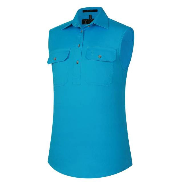 A cornflower blue Ritemate Women's Pilbara Closed Front Sleeveless Work Shirt (RM900CF), featuring two button down chest pockets and a pointed collar, shown on a plain white background.