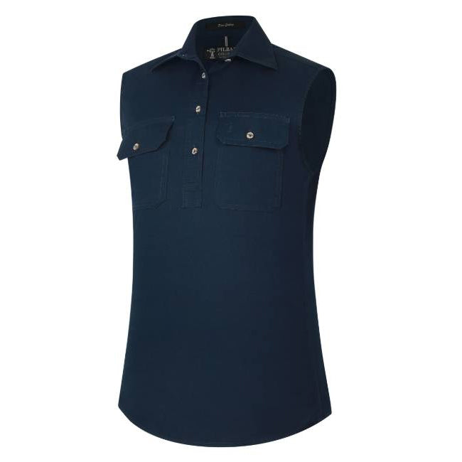 A navy Ritemate Women's Pilbara Closed Front Sleeveless Work Shirt (RM900CF), featuring two button down chest pockets and a pointed collar, shown on a plain white background.