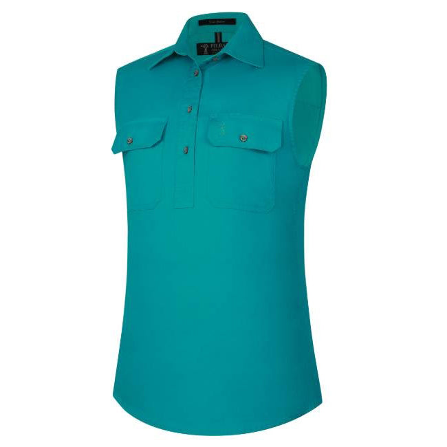 A jade coloured Ritemate Women's Pilbara Closed Front Sleeveless Work Shirt (RM900CF), featuring two button down chest pockets and a pointed collar, shown on a plain white background.
