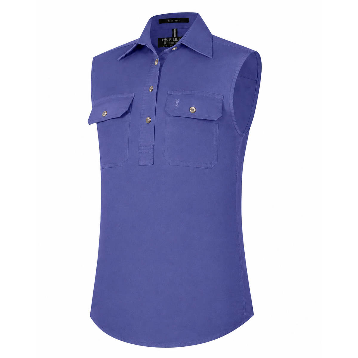 A lavender Ritemate Women's Pilbara Closed Front Sleeveless Work Shirt (RM900CF), featuring two button down chest pockets and a pointed collar, shown on a plain white background.