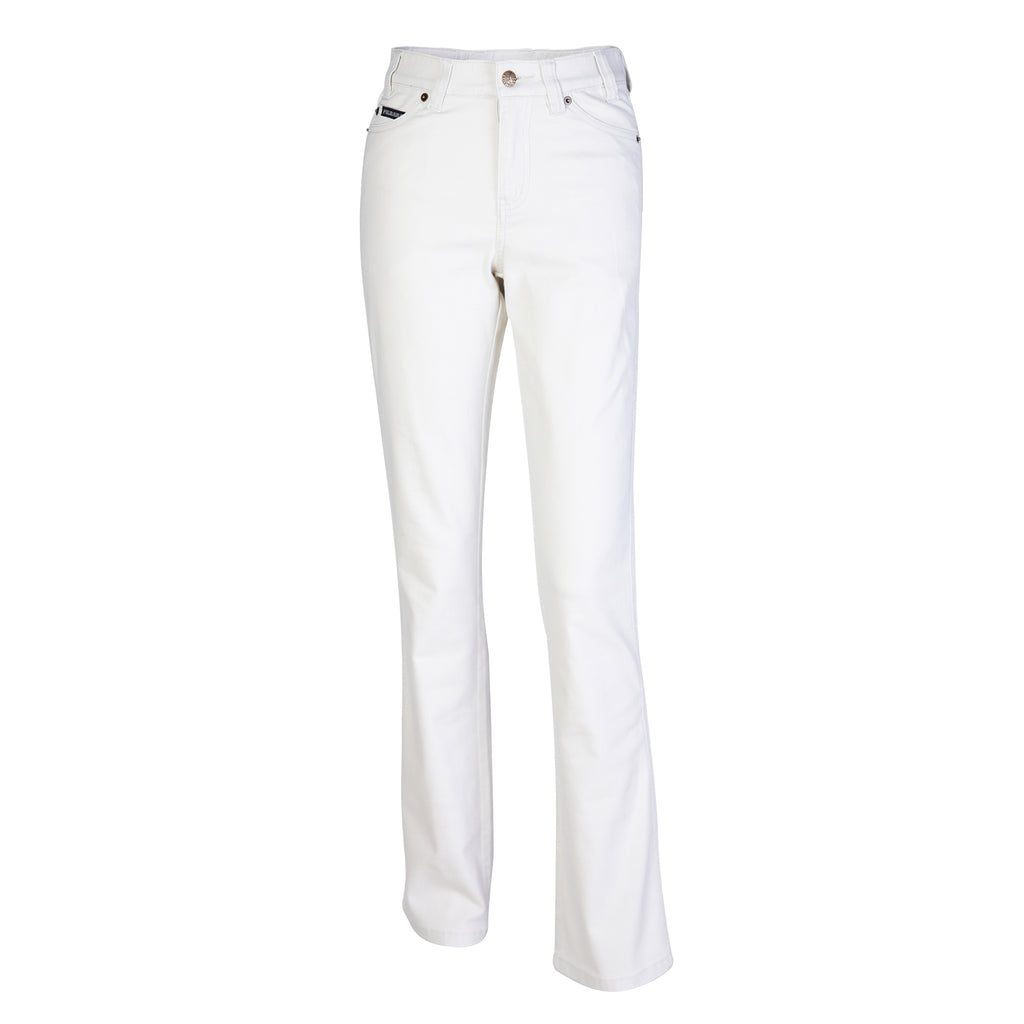 Ghost image of a pair of Ritemate Women's Pilbara Cotton Stretch Jeans (RMPC015) Bone from the front on a white background.