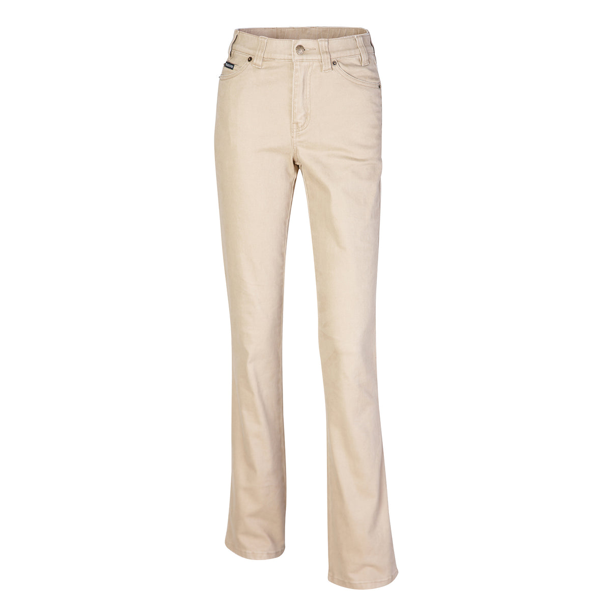 Ghost image of a pair of Ritemate Women's Pilbara Cotton Stretch Jeans (RMPC015) Wheat from the front on a white background.