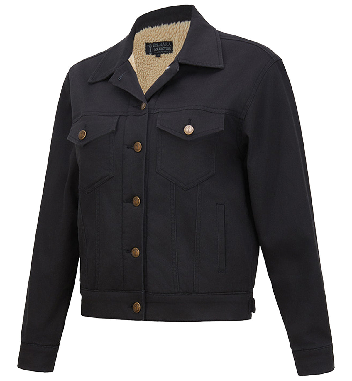 The Ritemate Womens Pilbara Lauren Sherpa Lined Jacket (RMPC165) in Black features a classic fit, button-up front, two chest and two side pockets, visible sherpa lining at the collar and inside, long sleeves, and a timeless classic collar.