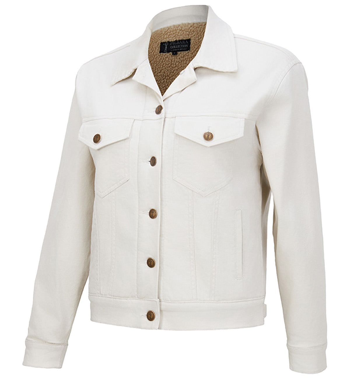 The Ritemate Womens Pilbara Lauren Sherpa Lined Jacket (RMPC165) in Bone features a classic fit, brown buttons, two chest flap pockets, side pockets, and a warm sherpa lining.