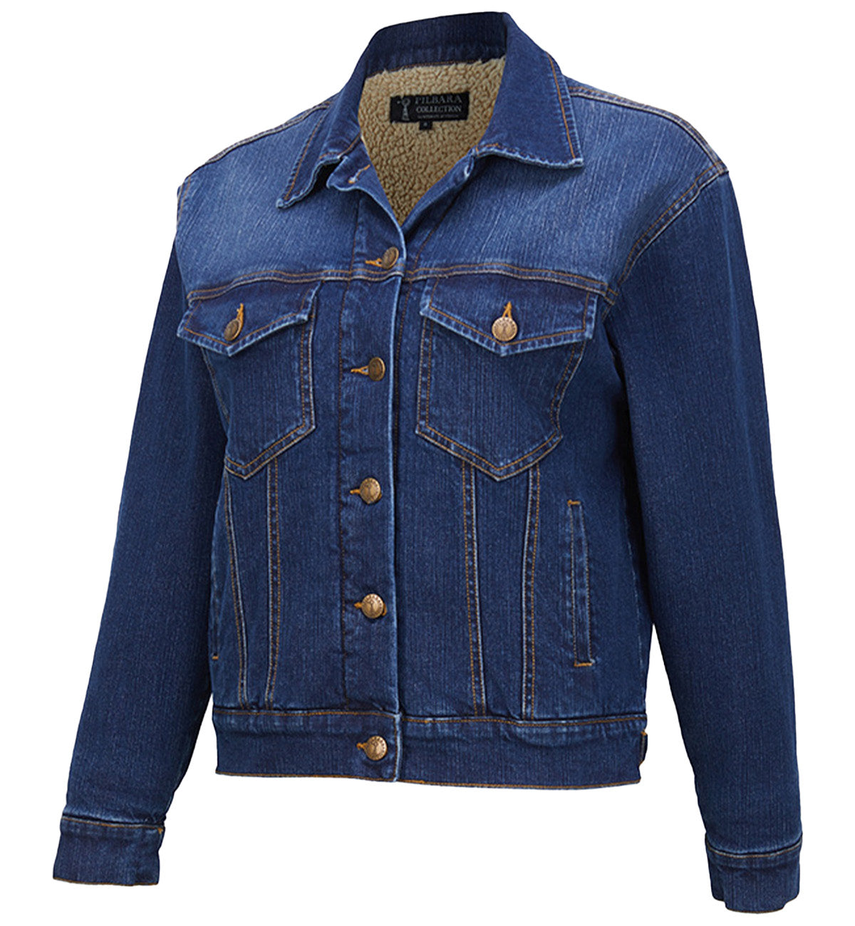 The Ritemate Womens Pilbara Lauren Sherpa Lined Jacket (RMPC165) in Dark Indigo features brown buttons, two chest pockets with flaps, visible tan stitching, and a soft beige sherpa lining for warmth and comfort in a classic fit.