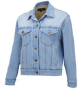 The Ritemate Womens Pilbara Lauren Sherpa Lined Jacket (RMPC165) in Light Indigo features metal buttons, two flap chest pockets, side pockets, a classic collar, visible stitching, and a relaxed fit. Made from cotton stretch twill by Ritemate.